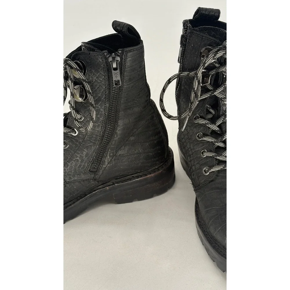 Frye Boots Combat‎ Julie Hook Crocodile Embossed Women 5.5 Black Leather Lace Up